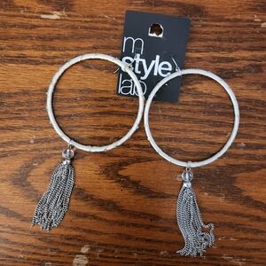 Mstylelab Silver Hoop Earrings with Chain Tassels
